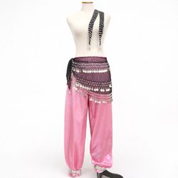 Belly Dance Accessories Set Pink Harem Pants Coin Hip Scarf Gloves M