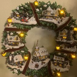 Thomas Kinkade Christmas Village Wreath Hamilton Lighted 15” 
