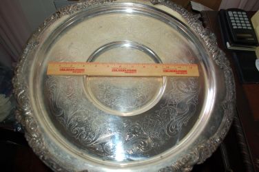 SILVER PLATE TRAY ON PEDESTAL LAZY SUSAN, NEEDS CLEANING AND HAS SOME PLATE LOSS