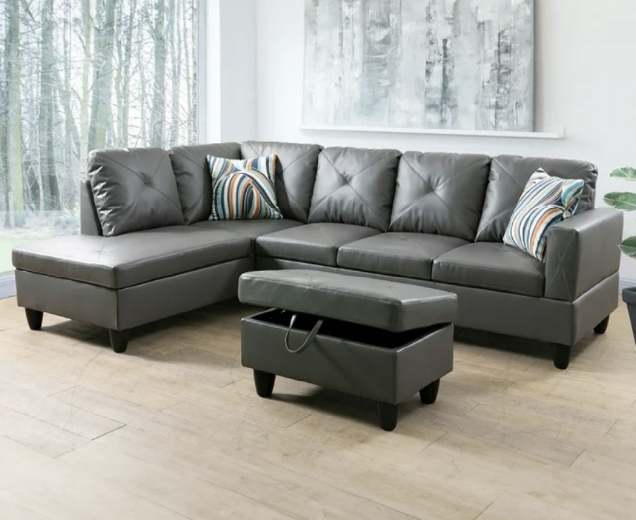 Gray Leather Sectional Couch And Ottoman