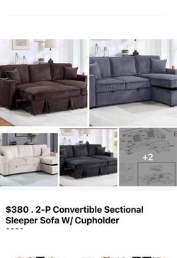 $380 . 2-P Convertible Sectional  Sleeper Sofa W/ Cupholder Sofa Storage & USB Ports  89”x 59”X36”H