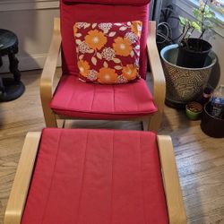 2 Matching Red IKEA Poang Chairs/Ottomans with Pillows