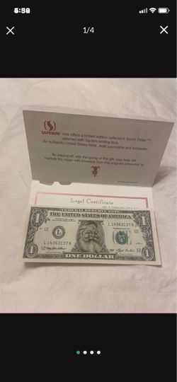 Santa Clause Legal Tender One Dollar Bill, 1993 Safeway Promo Folder and Envelope