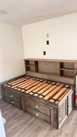 Wood Captain's Bed with Storage and Bookcase Headboard