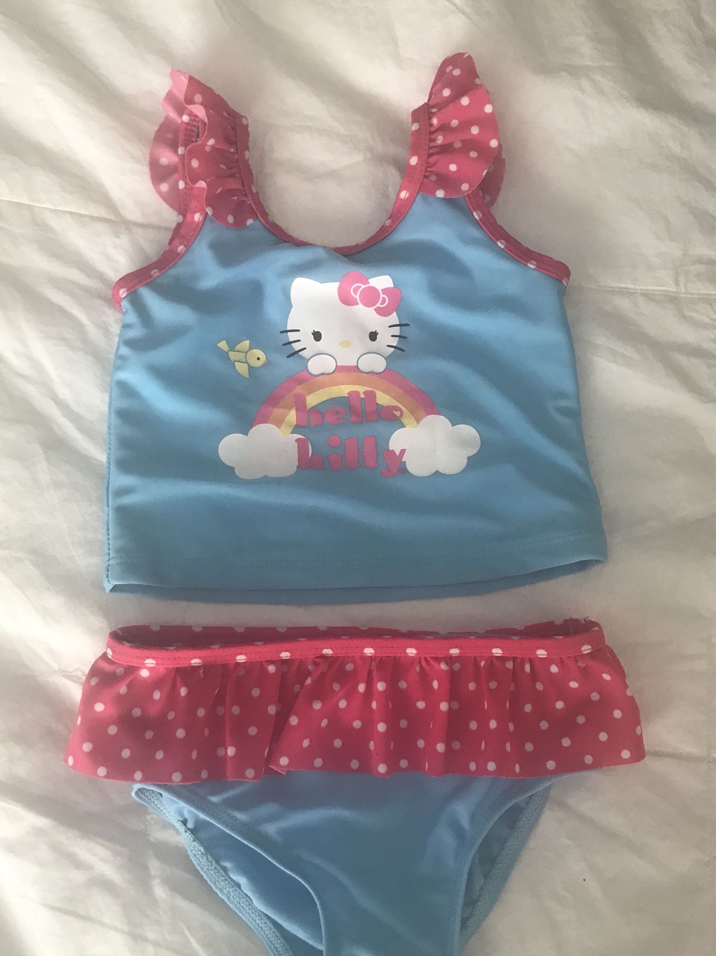 LITTLE GIRLS SIZE 3T SKY BLUE HELLO KITTY 2 PIECE SWIMMING SUIT WITH PINK & WHITE POLKADOT RUFFLE TRIM