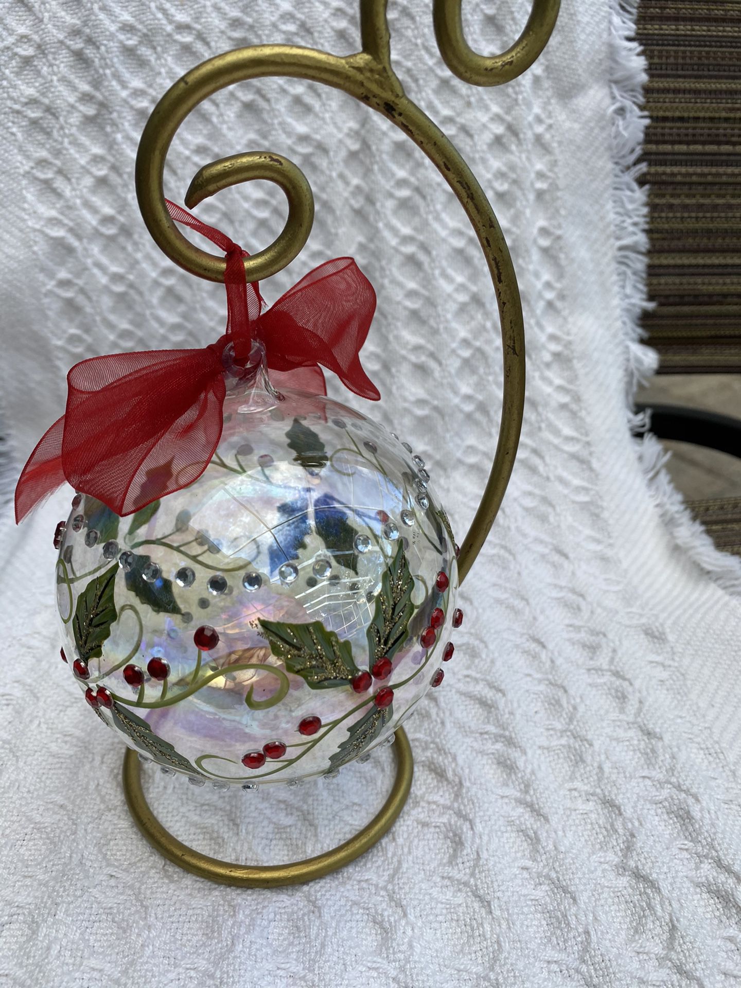 Holly Christmas ornament and gold stand