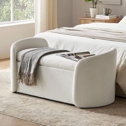 mopio Sophie 51" Ottoman Storage Bench, Entryway and Window Seating, End of Bed Curved Stool for King & Queen Bed, Storage Chest for Bedroom (Pearl Wh