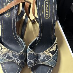 Coach Lynda Leather denim Ankle Strap Wedge Sandal