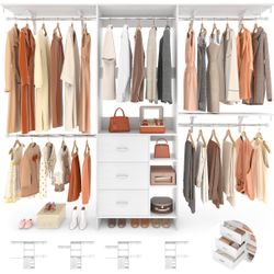 Closet System, Closet Organizer with 3 Wooden Drawers, 8FT Closet Organizer System, 96’’ Walk-in Closet Wardrobe Clothes Rack with Hanging Rods, Adjus