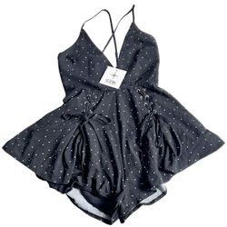  SEEK Black Polka Dot Dress Deep V-neckline Lace-up Details Size S New