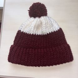 Handmade Knitted White & Maroon Winter Beanie