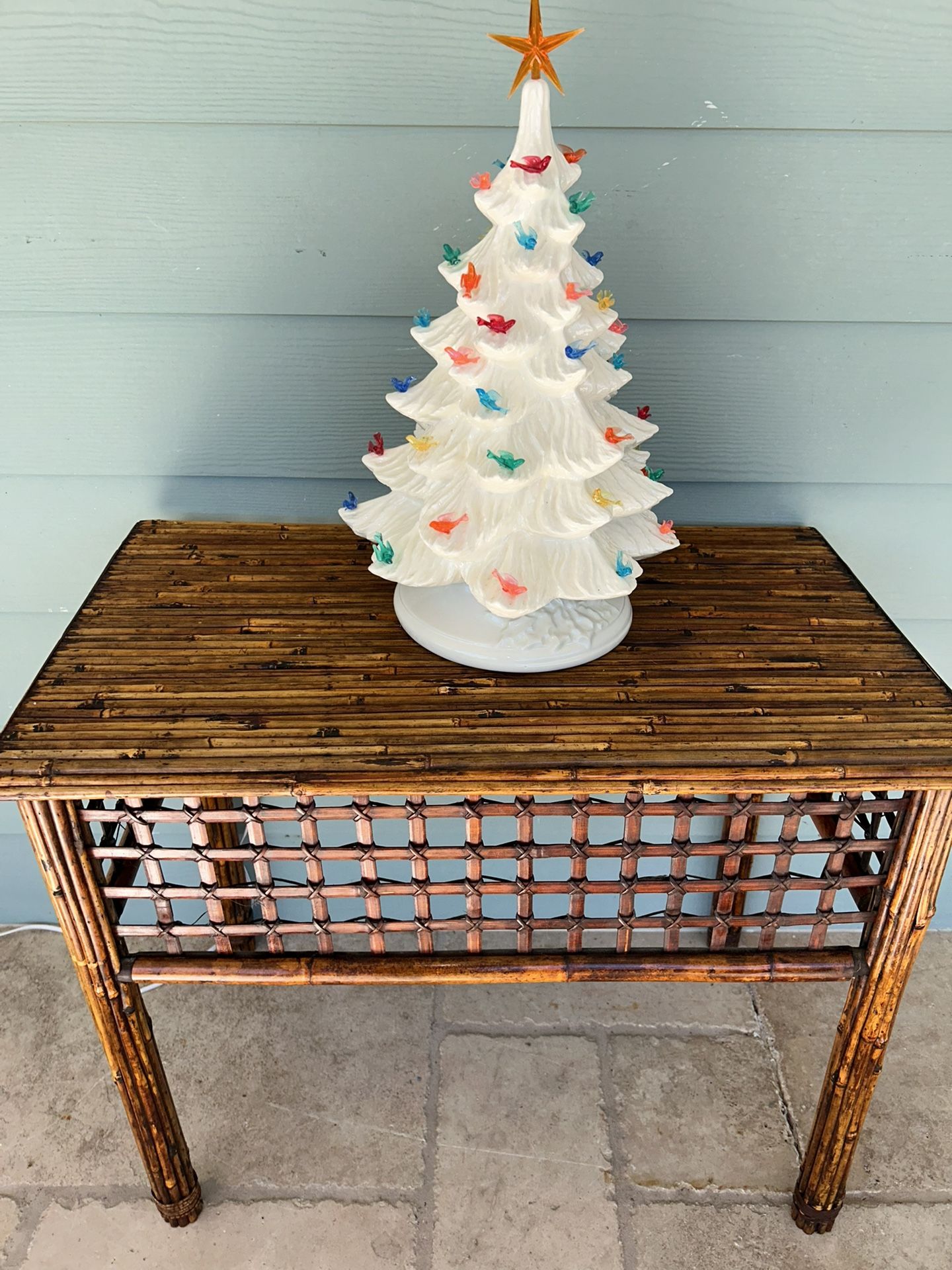 1960 Mid Century Modern Burnt Bamboo And Rattan Table With A Lattice Base    