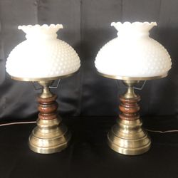Vintage Pair Of Milk Glass Hobnail Lamps 