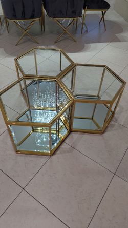 Beautiful 3-Piece Modular Stainless Steel and Glass Coffee Table in Brushed Gold