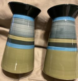 4 X 8” Earthtone Colors, Ceramic Candleholders, Blue, Green And Gray