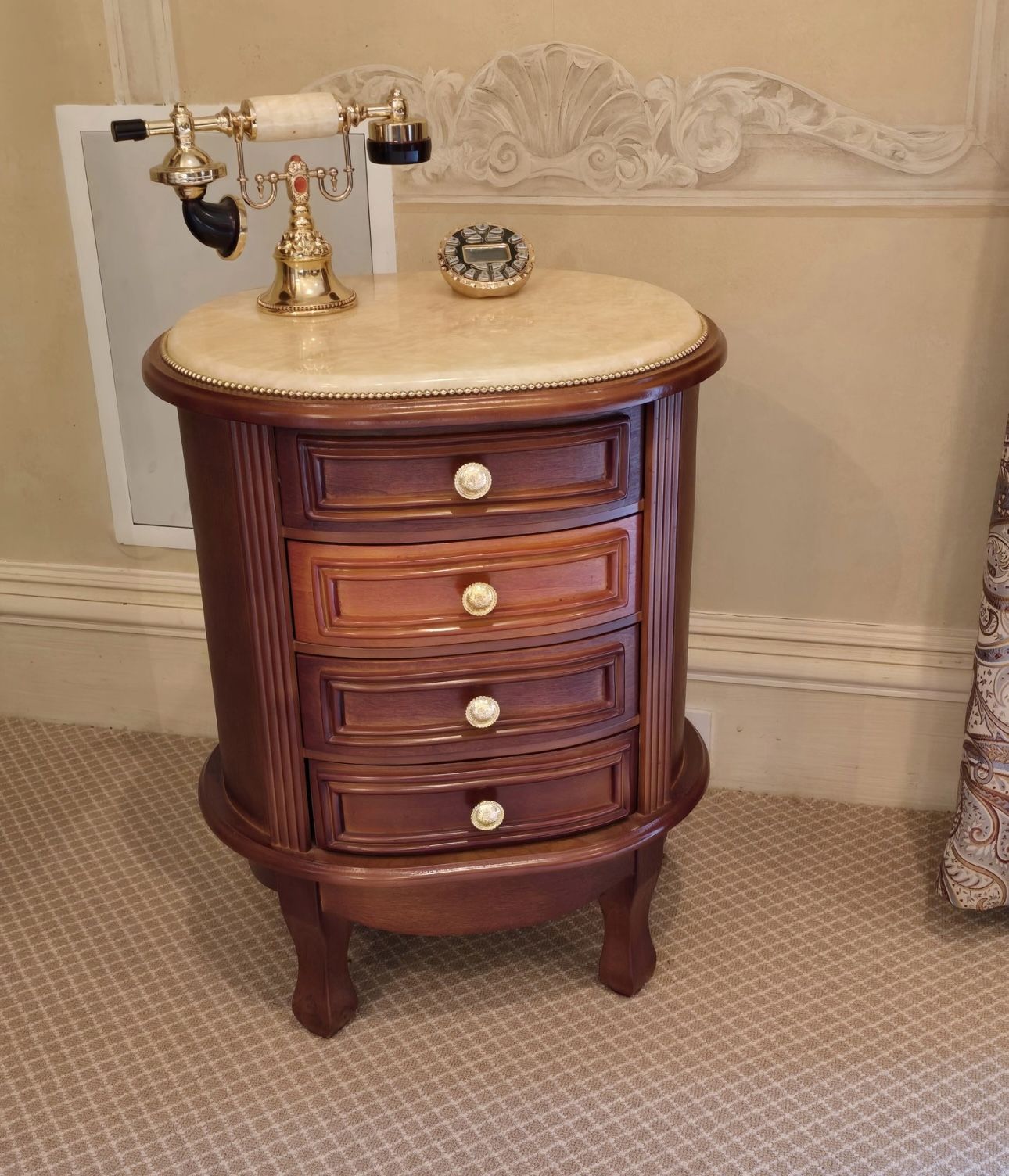 Rare PAIR of Royal Rodin Marble Top Cherry Wood Phone Dial Pad Nightstands Table