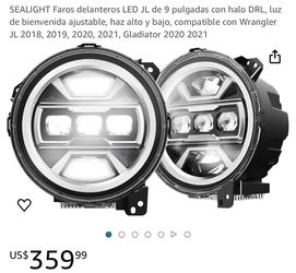 SEALIGHT Faros delanteros LED JL de 9 pulgadas con halo DRL, luz de bienvenida ajustable, haz alto y bajo, compatible con Wrangler JL 2018, 2019, 2020