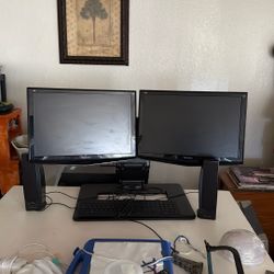Double Screen Monitor With Pc Tower And Speakers 