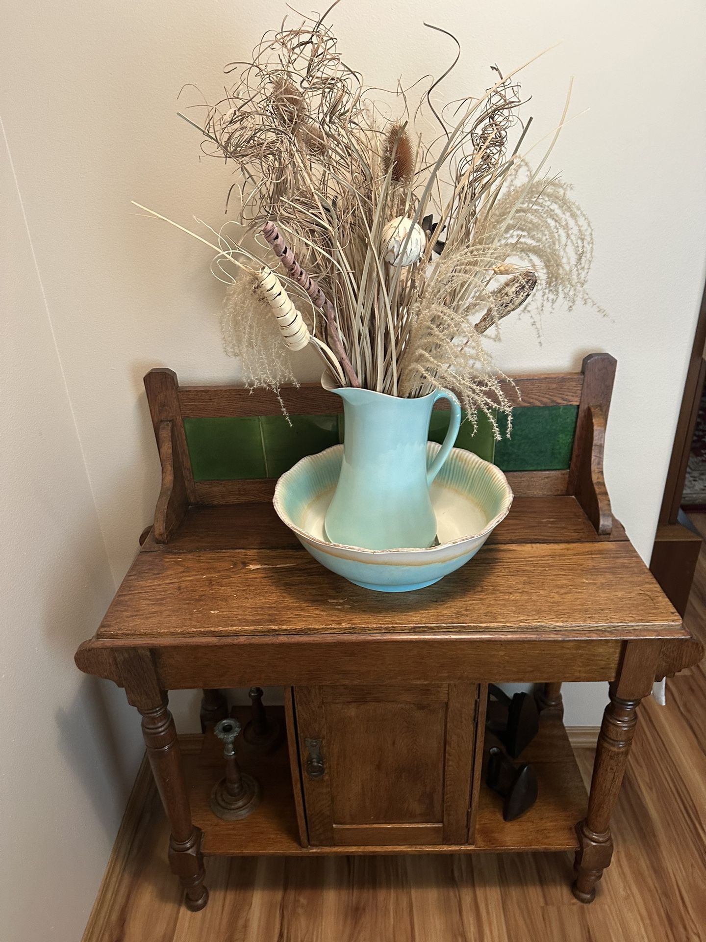 Antique Oak Dry Sink Wash Stand Cabinet with Water Pitcher and Bowl.