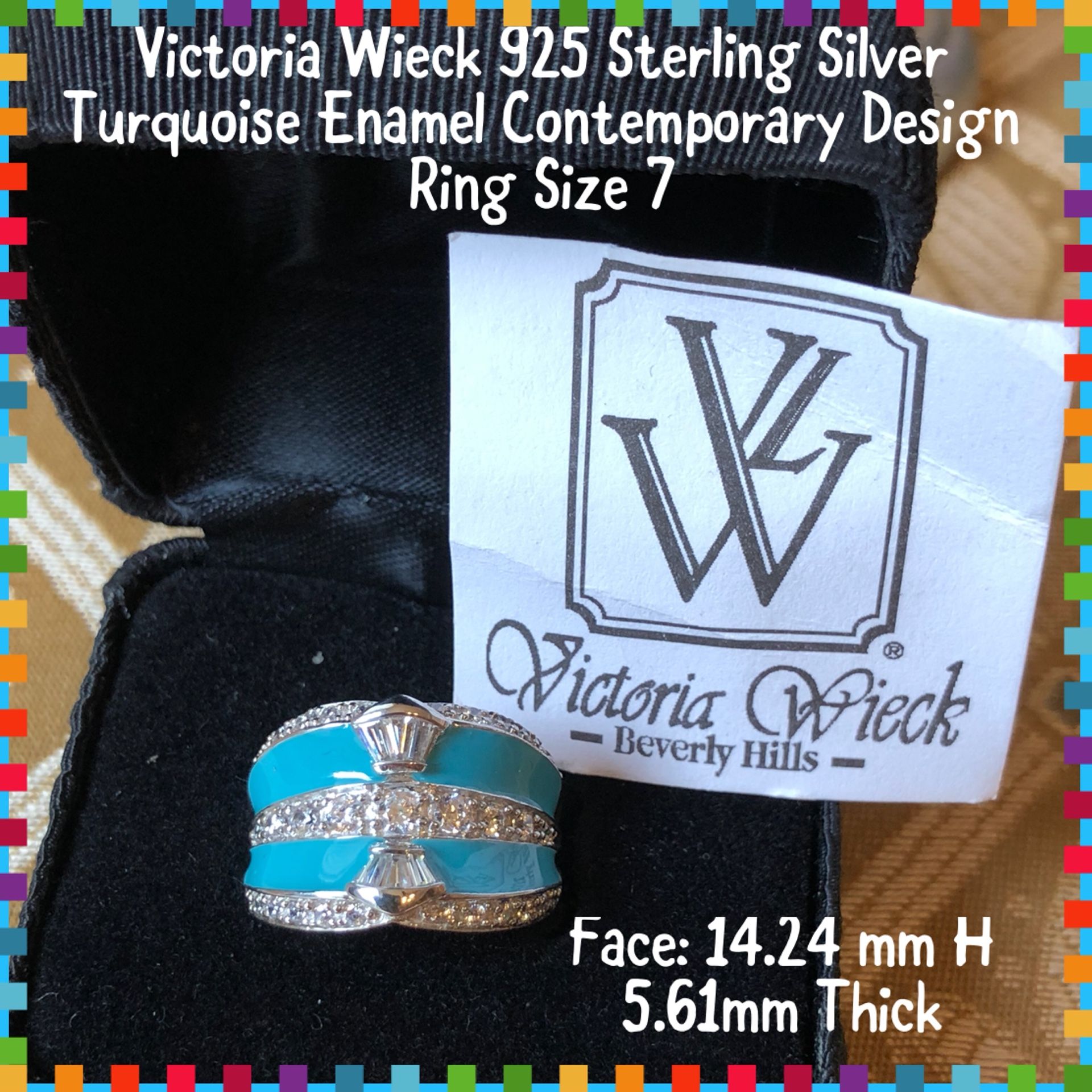 Victoria Wieck Sterling Silver Simulated Diamond Enamel Turquoise Ring 7