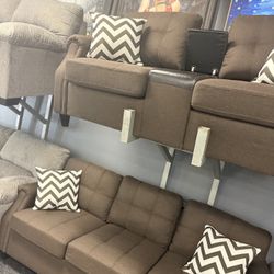 2 Pc Sofa Set W USB CONSOLE DARK COFFEE