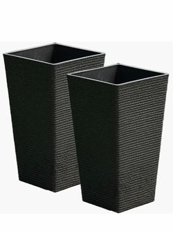 2 Sets Tall Black Planters for Porch Patio,Front Door Decor 21" H Large & Heavy Duty,Weather Resistance,with Drainage Tray, Faux Stone,Tapered Resin P