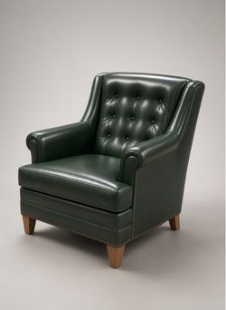 Pair of Dark Green Leather Wingback Chairs – Button Tufted with Nailhead Trim