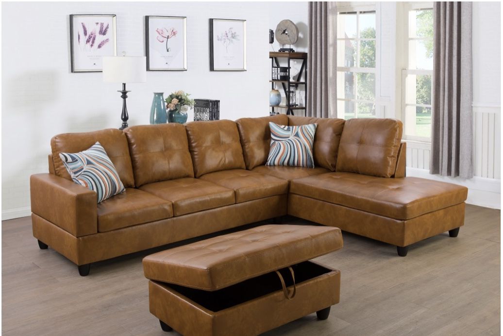 New Caramel Brown Leather Sectional Sofa With Free Ottoman And Pillows New In Sealed Packaging 