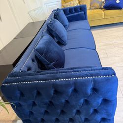 Brand New Blue Velvet Couch  100 Inch Long 30 Inch Wide.