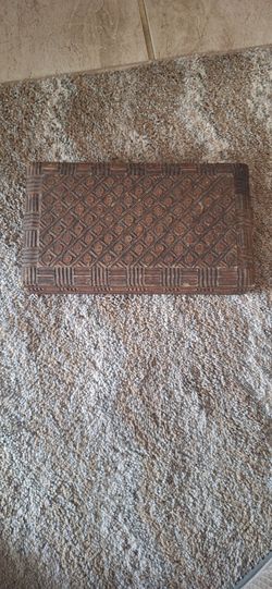 Vintage polished carved wood jewelry box brass inlay keepsake box