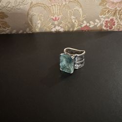 VINTAGE ISRAEL STERLING SILVER 925 RING LARGE AQUA BLUE GLASS STONE  MODERNIST Size 6