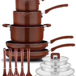 NutriChef 17pcs Brown Stackable Pots and Pans Set, Nonstick Induction Cookware, Space Saving Cookware, Easy Clean, Ideal For RV and Camper, Includes a