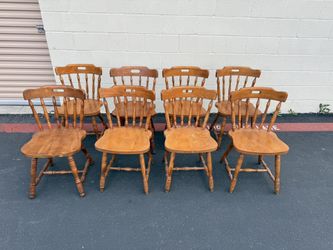 Vintage Set of Eight Solid Wood Dining Chairs