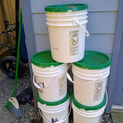 Set of five food grade 5 gallon buckets with lids