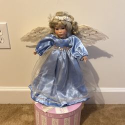 Gorgeous! Angel Porcelain Doll In Blue Satin Dress With Pretty White Angel Wings 