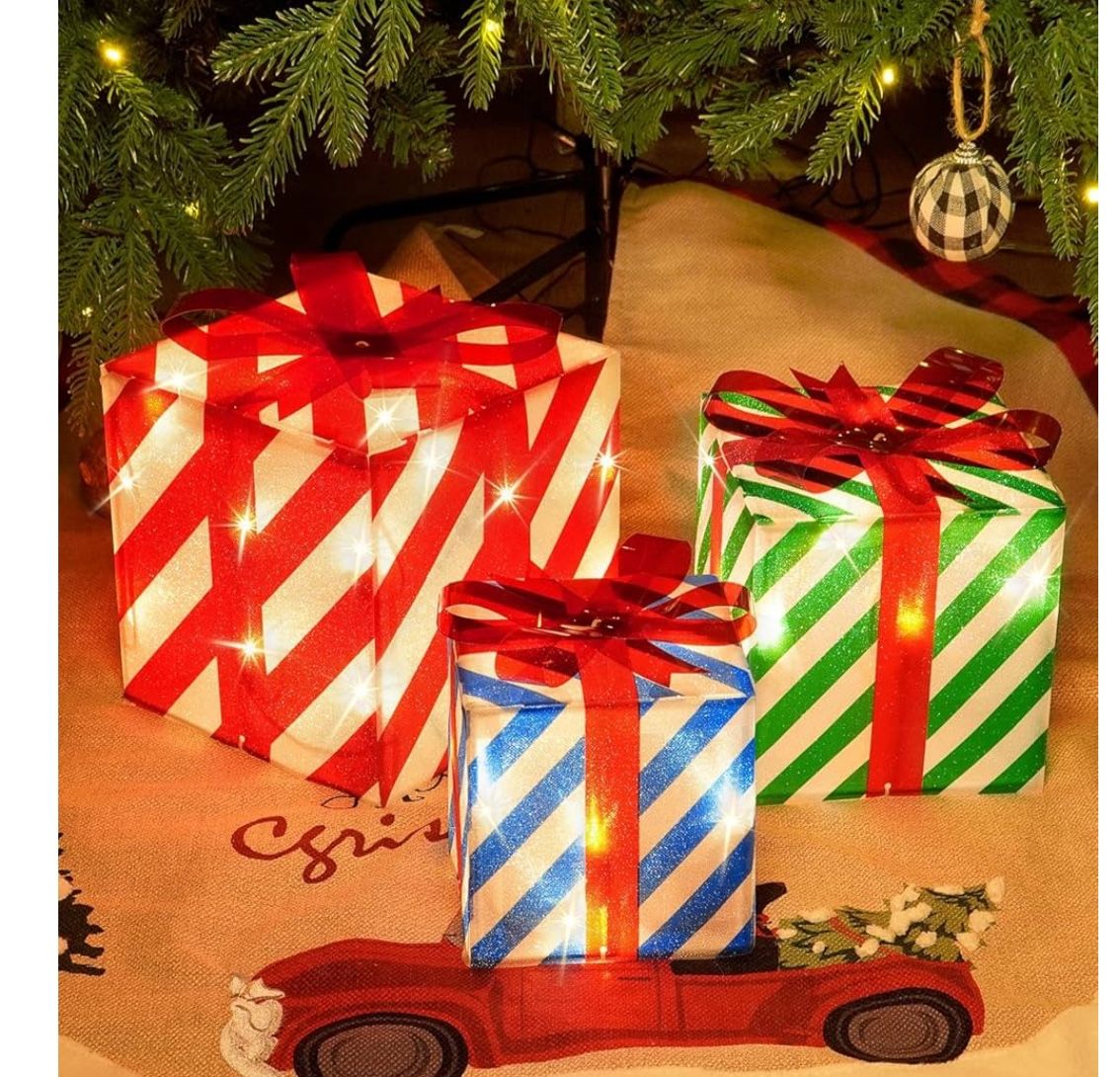 Rocinha Christmas Lighted Gift Boxes Decorations with Cute Images(Santa Claus Reindeer Snowman), Red Green and Blue Bow LED Present Boxes White Gift B