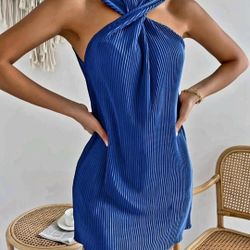 Criss-Cross Satin Tunic Blue Dress 👗 S 
