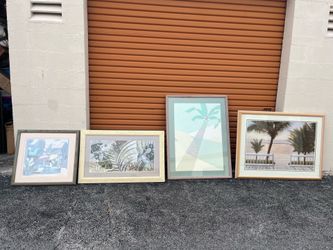 Set up four wall artwork, solid wood frames with glass beach style prints
