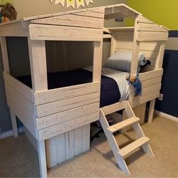 Rustic Sand Twin Tree House Loft Bed with Drawers