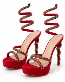 Red Platform Heels with Rhinestone Spiral Strap 7.5