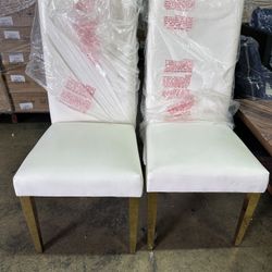 Set of 2 dining Chair with Channel Tufted Back and Sturdy Metal Legs White Faux Leather Upholstered, 19.5" W x 27" D x 42" H