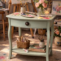 Custom Hand-Painted Craftsman Accent Table – Sage Green Floral