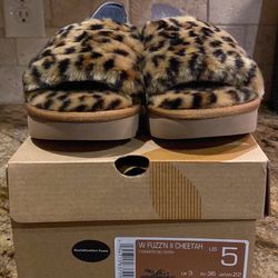 NIB Woman’s Size 5 Koolabura By UGG Faux Fur Cheetah Slipper Sandals-FIRM