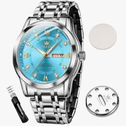 Olevs Man's Diamond Watch Luxury Business Dress Wrist Watch Quartz Stainless Steel Waterproof Luminous Day Date 