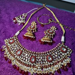 BRAND NEW GOLD RED MAROON INDIAN DESI BRIDAL JEWELRY SET JHUMKA PAKISTANI SHAADI KUNDAN TIKKA 