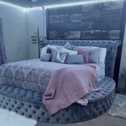 Grey Velvet Queen Bed Round, Bluetooth, Speakers USB Charging Ports All New 