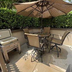 Outdoor Patio Bar Set – Slate Top Table + 4 Swivel Chairs + Umbrell