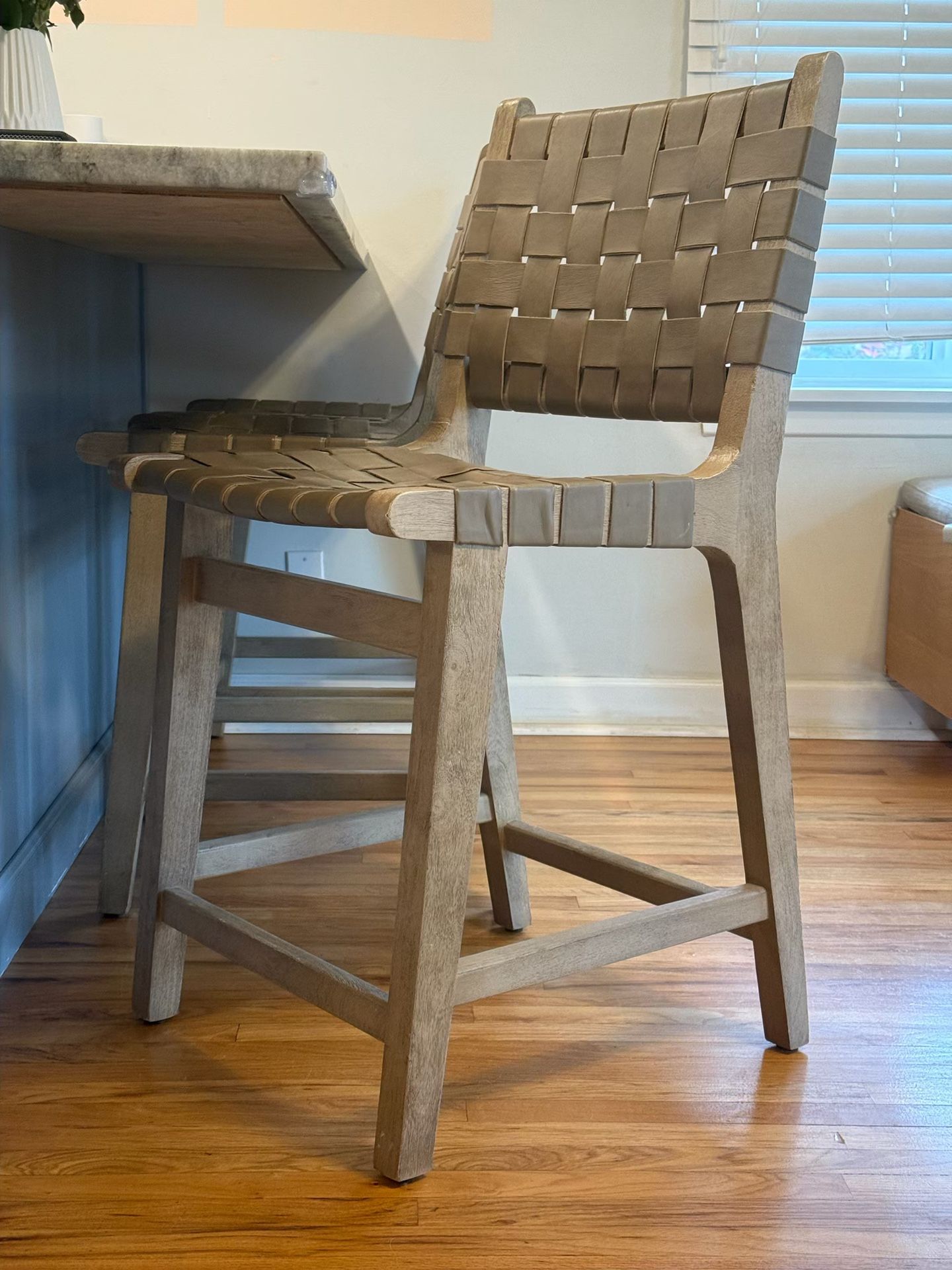 Barstool Set Of 3 - Wood And Leather