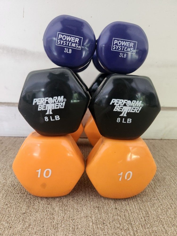 Two 10lb, Two 8lb, Two 3lb Dumbbells