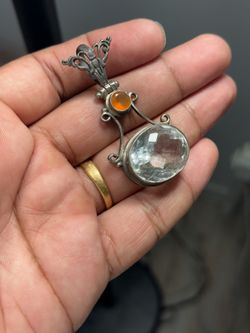 Vintage 925 Sterling Silver Clear Quartz & Carnelian Pendant 19.9g Ornate 